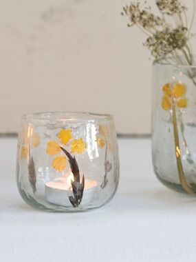 Handmade Glass Tealight Votive Holder with Embedded Natural Silk Leaves